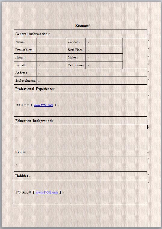 英文免費個人履歷表表格模板