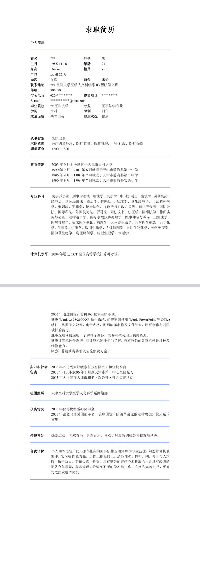 精美绝伦的医科法学免费个人简历模板