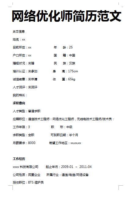 非常漂亮的网络优化师简历模板