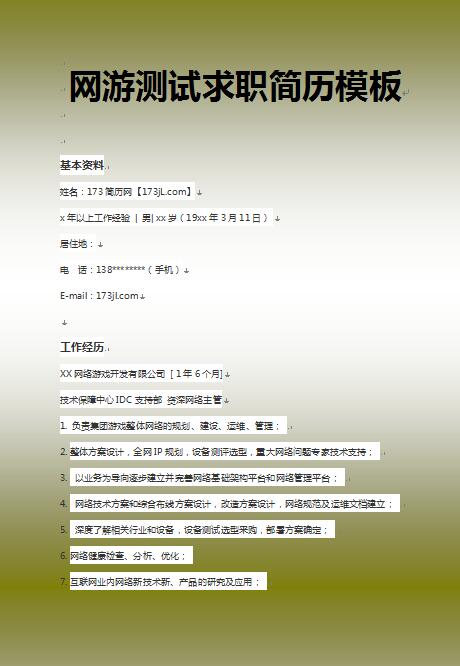 别具一格的网游测试求职简历模板