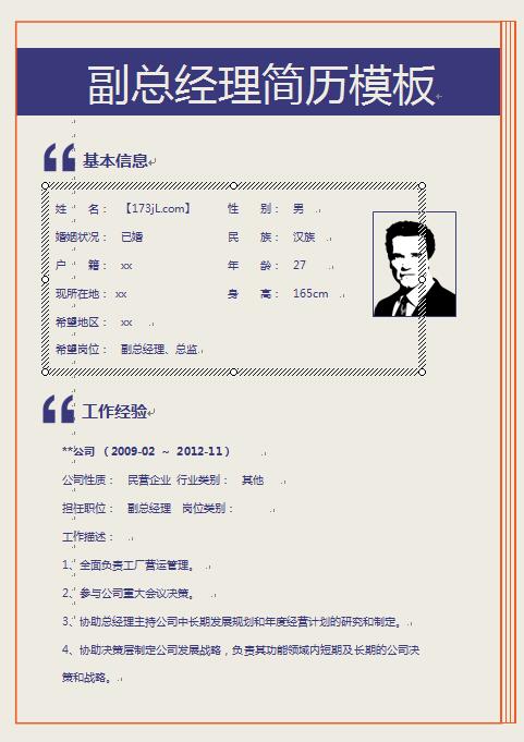 精美的副总经理简历模板