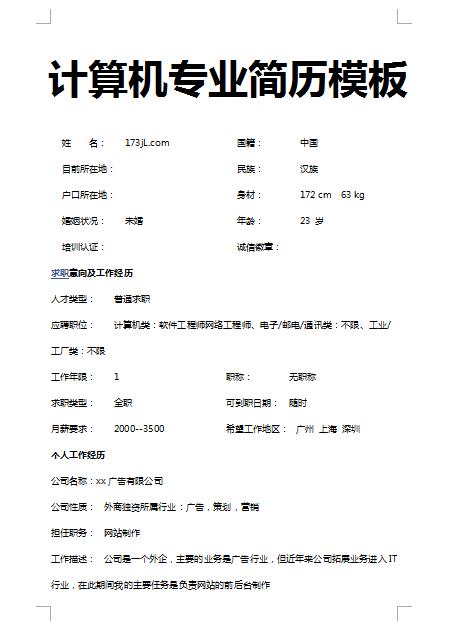 非常漂亮的计算机专业简历模板