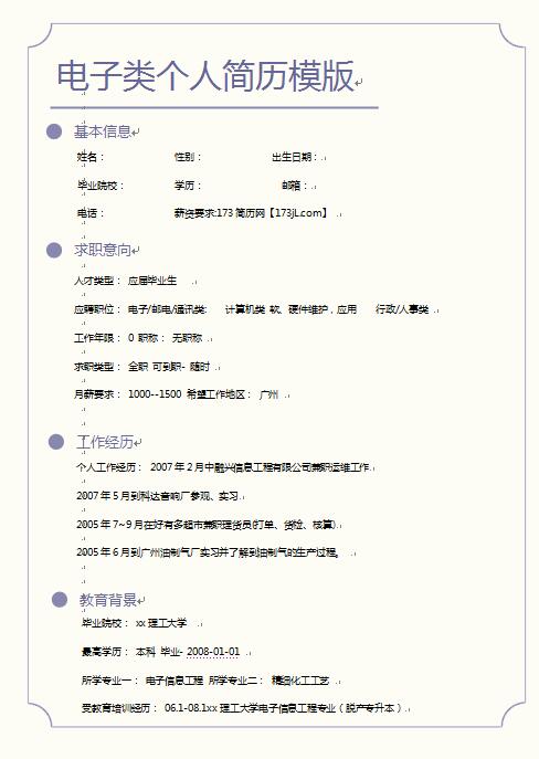 电子类免费个人简历模版