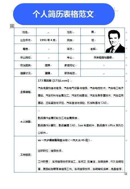 免费个人简历表格范文