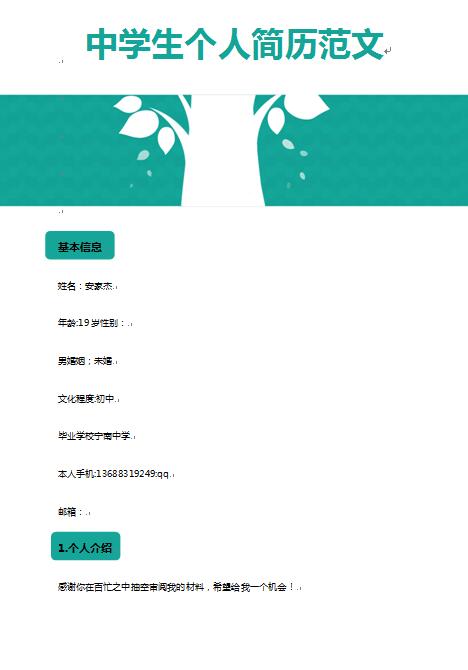 中学生免费个人简历范文