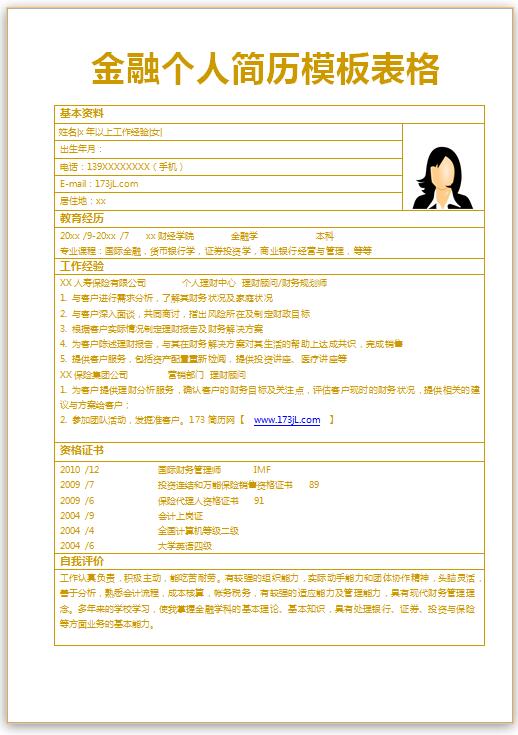 金融免费个人简历模板表格式