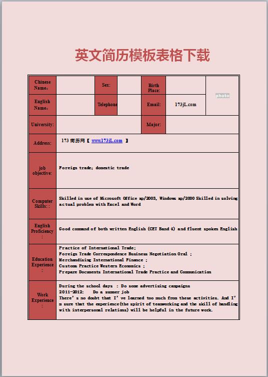 英文简历表格模板图片
