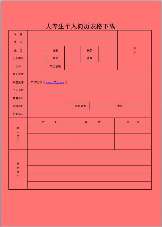 非常漂亮的大专生免费个人简历表格