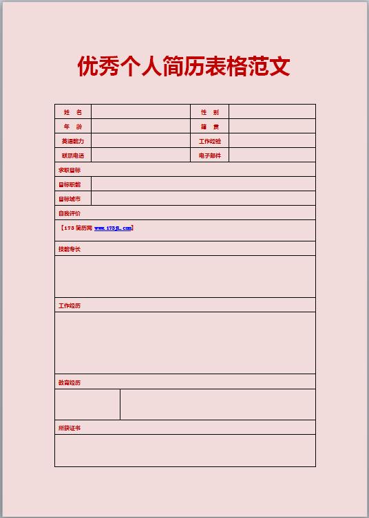 肯德基应聘简历表格