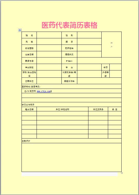 医药代表简历表word模板