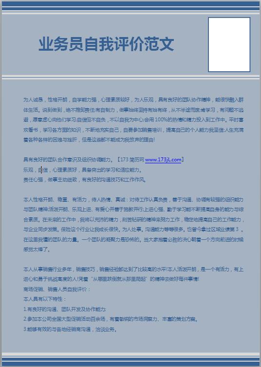 业务员自我评价范文