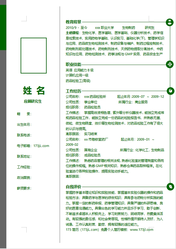 醫藥代表求職履歷表範例