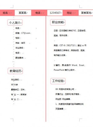 毕业生网站编辑免费个人简历模板